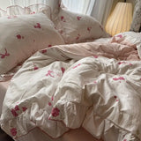 elvesmall Korean Princess Duvet Cover Set Skin Friendly Wash Cotton Bedding Set Of Four Pieces Lace Bedin Set Bed Sheets Comforter Cover