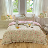 elvesmall French Country Style Princess Bedding Set, 100% Cotton, Floral Ruffled Edge, Duvet Cover, Flat, Fitted Bed Sheet, Pillowcases