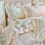 elvesmall  100%Cotton Princess Bedding Set Soft Washed Cotton Flowers Embroidery Lace Ruffles Quilt Cover Set Flat/Fitted Sheet Pillowcases