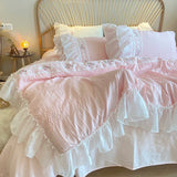 elvesmall Pink Korean Princess Style Lace Ruffles Wedding Bedding Set Seersucker Washed Cotton Soft Duvet Cover Set Bed Sheet Pillowcases