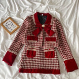 srczz  - Autumn Elegant Tweed Plaid Skirt Sets Women Sweet Chic Pearl Bow Woolen Jackets Mini Skirts Suit Korean Female Outfits