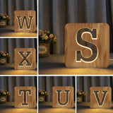 elvesmall  26 Letters A To Z USB Wood Led Night Light Novelty Kid Bedroom Wooded Hollow Carved Bedroom 3D Decoration Table Lamp Child Gift