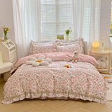 elvesmall French Country Style Princess Bedding Set, 100% Cotton, Floral Ruffled Edge, Duvet Cover, Flat, Fitted Bed Sheet, Pillowcases