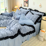elvesmall Bubble Yarn Seersucker French Style Princess Lace Bedding Set Duvet Cover Set Skirt Sheet Queen For Girl Decor Home