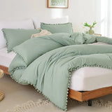 elvesmall  Pink Full Ball Pom Fringe Design Comforter Set 3pcs, Boho Aesthetic Luxurious Full Bedding Set, Vintage Ultra Soft Microfiber