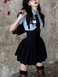 srczz Preppy Style Womens Two Piece Sets Shirt Sexy Outfit High Waist Corset Strap Pleated Skirt Vintage School Uniform Suit Summer