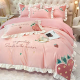 elvesmall High-value Cute Princess Wind Four-piece Set Cotton 100 Cotton Strawberry Embroidery Small Fresh Bed Linen Bedding
