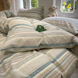 elvesmall Ins Stripe Color Cotton Bedding Set Twin Full Queen Size Bed Linen Girls Adult Floral Bed Flat Sheet Pillowcase Cream Style