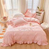elvesmall  Ruffle Trim White Flower Embroidery Cotton Bedding Set Duvet Cover Linen Fitted Sheet Pillowcases Home Textile