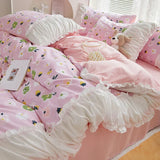 elvesmall  INS Princess Style Flower Bedding Set Duvet Cover With Ruffle Lace Bed Sheet Pillowcases Kawaii Girl Woman Bedroom Home Textiles