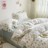 elvesmall Ins Girl Bedding Set Heart Cherry Duvet Set With Double Layer Yann Pink Four PIECE Set Simple Washing Cotton Bed Sheet Bed Sheet