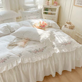 elvesmall 100% Cotton Princess White Bedding Sets Korean Ruffle Bedspread Flower Embroidery Duvet Cover Bed Skirt Pillowcases Home Textile