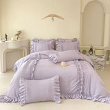 elvesmall Korean Princess Style Lace Ruffles Bedding Set Solid Color Duvet Cover Set Flat/Fitted Bed Sheet Pillowcases With Pillowcases