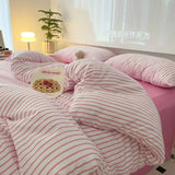 elvesmall Ins Stripes Washed Cotton Bedding Set with Pillowcase bed sheet Single Full Bed Linen Orange Duvet Cover Queen/King Double Bed