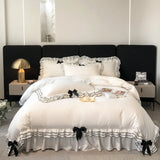 elvesmall  Bedding Set Luxury Princess Bed Linen Multi Layer Ruffle Bow Duvet Cover Set Bed Sheet and Pillowcases Queen Bed Comforter Set