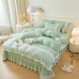 elvesmall Korean Luxury Lace Ruffles Bedding Set Skin-Friendly Washed Cotton Princess Style Duvet Cover Bed Sheet Pillowcase Home Textiles