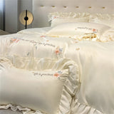 elvesmall Flower Embroidery Lace Ruffles Bedding Set Skin-friendly Washed Cotton Princess Style Wedding Duvet Cover Bed Sheet Pillowcases