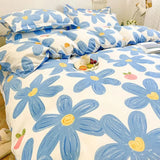 elvesmall  Floral Bedding Set with Flat Sheet Quilt Duvet Cover Pillowcase Bed Linens Boy Girl Single Double Queen Size Home Textile