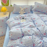 elvesmall Ins Princess Blue Grid Duvet Cover with Bowknot Pillowcase Bed Sheet Kids Girls Bedding Set Full Size Cute Kawaii Bedclothes