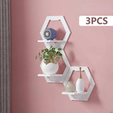 elvesmall 3Pcs Hexagon Wall Shelf Punch Free Bedside Wall Display Stand Wall Mounted Organizer Flower Pot Holder Tv Background Home Decor