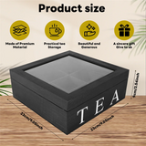 elvesmall Wooden 9 Grids Tea Box Tea Bags Container Storage Box Square Gift Box Case Transparent Top Lid Jewelry Storage Box-Black
