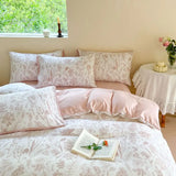 elvesmall Double-layer Cotton and Linen Bedding Set Four-piece Floral Washed Cotton Quilt Cover Net Celebrity Bed Sheet Student BeddingSet