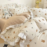 elvesmall Fresh Floral Duvet Cover Set No Filler Lace Ruffles Bedding Washed Cotton Bed Linens Flat Sheet Pillowcase for Girls 200x230cm