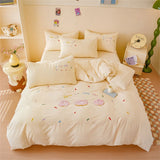 elvesmall Pink Bedding Sets Solid Color Washed Cotton Home Girls Bedroom Decor Duvet Cover Pillowcase Bedspread Embroidery Four Piece Set