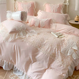 elvesmall Korean Princess Bedding Set Lace Bow  Beauty Solid Color Lace Ruffle Quilt Cover Luxury Girls Wedding Home Textiles Duver Cover