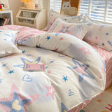 elvesmall Cute Home Comforter Bedding Sets Washed Cotton Duvet Cover Flat Bed Sheet Set Twin Full Queen King Size Bed For Girls Couple