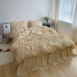 elvesmall Girls Pleat Cotton Bedding Set Solid Bed Linen King Queen Twin Double Size Duvet Cover Sets