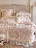 elvesmall  Princess Long Stable Cotton Duvet Cover Set Four Piece Set French Flower Embroidery Quilt Cover Lace Bedding Set Bedsheets