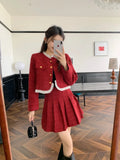 srczz  -  Sweet Hot Girl Christmas Suit Women's Autumn O-neck Long-sleeved Coat High Waisted A-line Skirt Two-piece Set Female Clothes