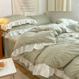 elvesmall Ins Style Korean Lace Seersucker Washed Cotton 4-piece Bed Sheet Quilt Cover Solid Color Duvet Cover For Girl Spring Decor Home