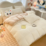 elvesmall Striped Bedding Sets Milk Velvet Winter Warm Four Piece Sets Thicken Bed Linen Quilt Cover Sheet Pillowcase King Bedroom Decor
