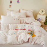 elvesmall Pink Bedding Sets Solid Color Washed Cotton Home Girls Bedroom Decor Duvet Cover Pillowcase Bedspread Embroidery Four Piece Set