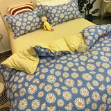 elvesmall  Floral Bedding Set with Flat Sheet Quilt Duvet Cover Pillowcase Bed Linens Boy Girl Single Double Queen Size Home Textile