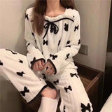 elvesmall Square Collar Women Pajamas Set Winter Sleepwear Fleece Velvet 2 Piece Pant Home Suit Fluffy Korean Solid Piiama Warm Night Wear