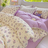 elvesmall Botanical Floral Duvet Cover Single/Queen, Washed Cotton Garden Flower Pattern Comforter Cover 3Pcs Reversible Pink Bedding Set