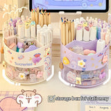 elvesmall Cute Rotating Pen Holder Desktop Drawer Stationery Box Case School Office Desk Kawaii Stationery Storage Box Organizer Stickers