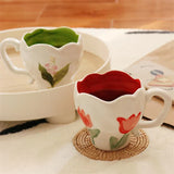 elvesmall  -  Korean Style Ins Niche Hand-painted Tulip Bleed Orchid Hand-kneaded Ceramic Cup Office Cute Mug Household Simple Dessert Cup