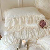 elvesmall High End Chiffon Lace Embroidery Bedding Set Luxury Beige Egyptian Cotton Princess Pleats Duvet Cover Bed Sheet Pillowcases
