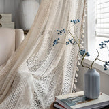 elvesmall Boho Chic Crochet Geometry Knitted Window Curtains Farmhouse Retro Beige Drape Simi Sheer Curtain for Bedroom Living Room