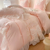 elvesmall Korean Princess Bedding Set Lace Bow  Beauty Solid Color Lace Ruffle Quilt Cover Luxury Girls Wedding Home Textiles Duver Cover