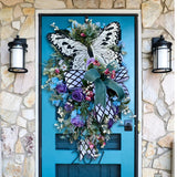 elvesmall  Spring Summer Wreath for Front Door Rose Butterfly Simulation Flower Wreath Window Decoration Artificial Wreath Hanging Decor