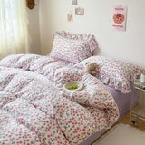 elvesmall Cute Floral Duvet Cover Set Ins Korean Style with Flat Sheet Pillowcase No filler Washed Cotton Queen Full Twin Home Bed Linen