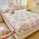 elvesmall 100% Cotton Mattress Cover Floral Style Bedspread Thickened Fitted Sheet Lace Bed Linen Quilted Bed Cover  (No Pillowcase)