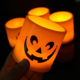 elvesmall  Halloween Ghost Face Candle Night Light Yellow Flash Night Lamp Cylindrical Flameless Lights Party Bedroom Table Home Decoration