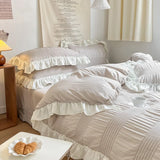 elvesmall Ins Style Korean Lace Seersucker Washed Cotton 4-piece Bed Sheet Quilt Cover Solid Color Duvet Cover For Girl Spring Decor Home