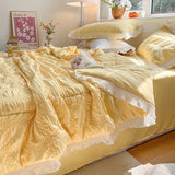 elvesmall 1/3Pc Pink Korean Style Princess Lace Ruffles Soft Seersucker Summer Quilt Single Double Queen Quilted Summer Comforter Blanket